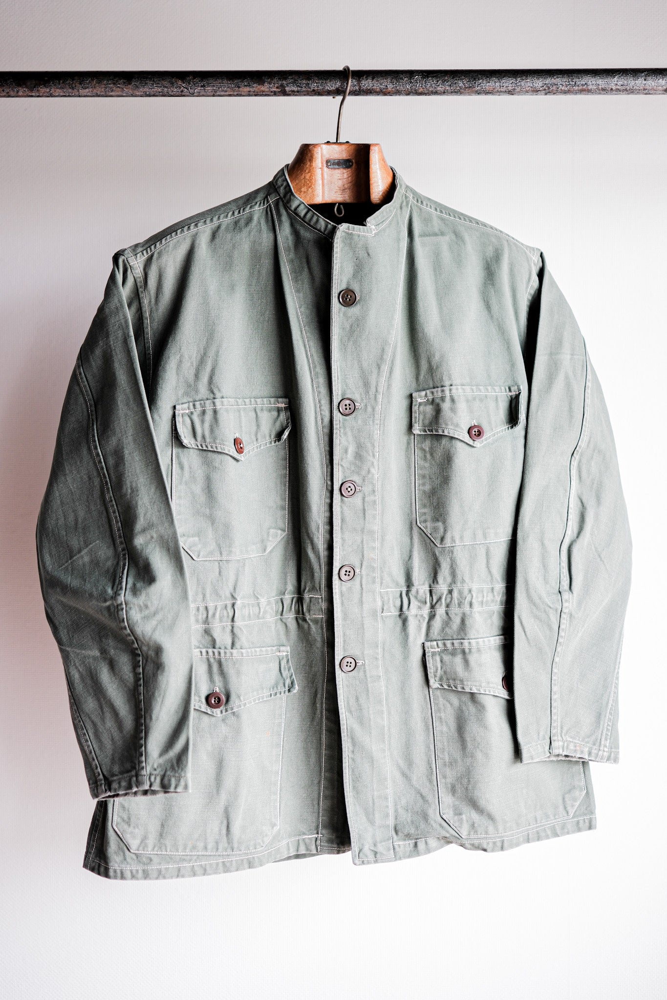 ［~50's］French Vintage Green Cotton Twill 4 Pockets Work Jacket "Unusual Pattern"