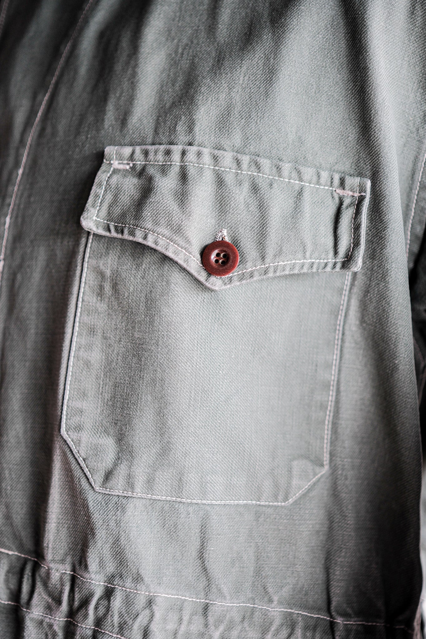 ［~50's］French Vintage Green Cotton Twill 4 Pockets Work Jacket "Unusual Pattern"