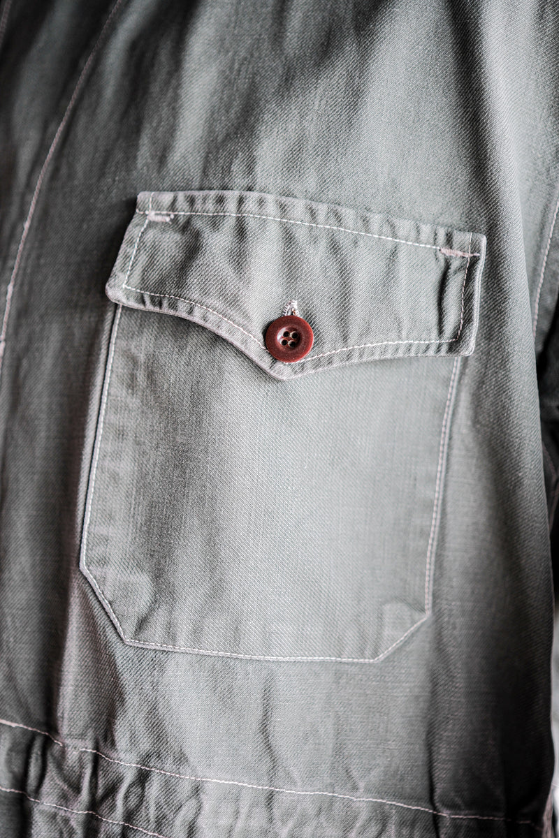 【~50's】French Vintage Green Cotton Twill 4 Pockets Work Jacket "Unusual Pattern"