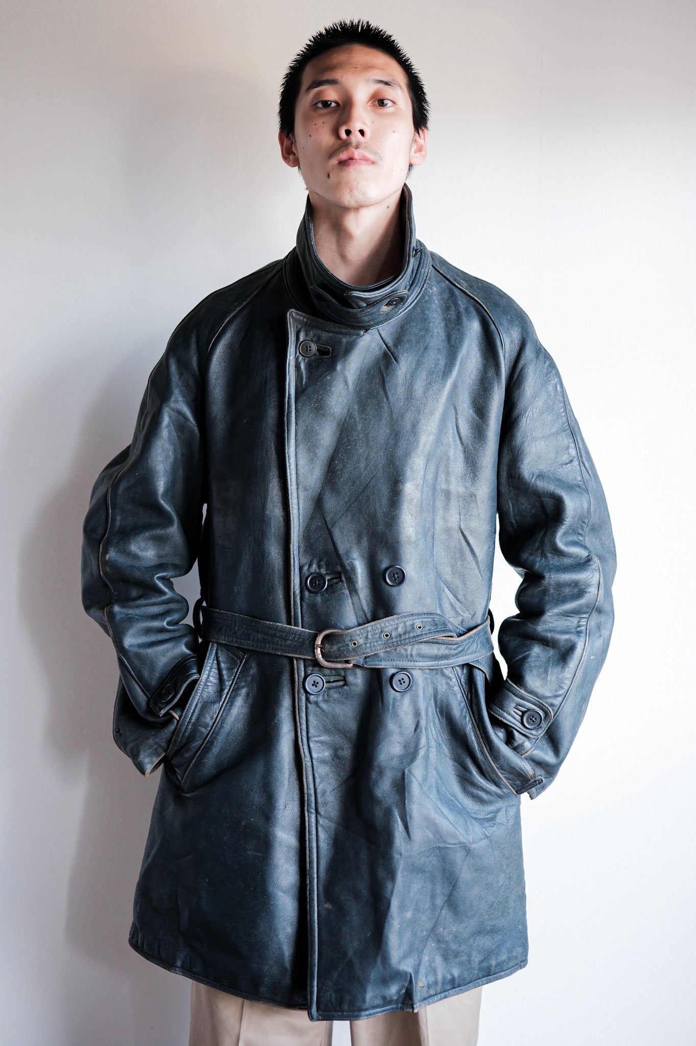 ［~50's］French Vintage Double Breasted Leather Work Coat With Chin Strap