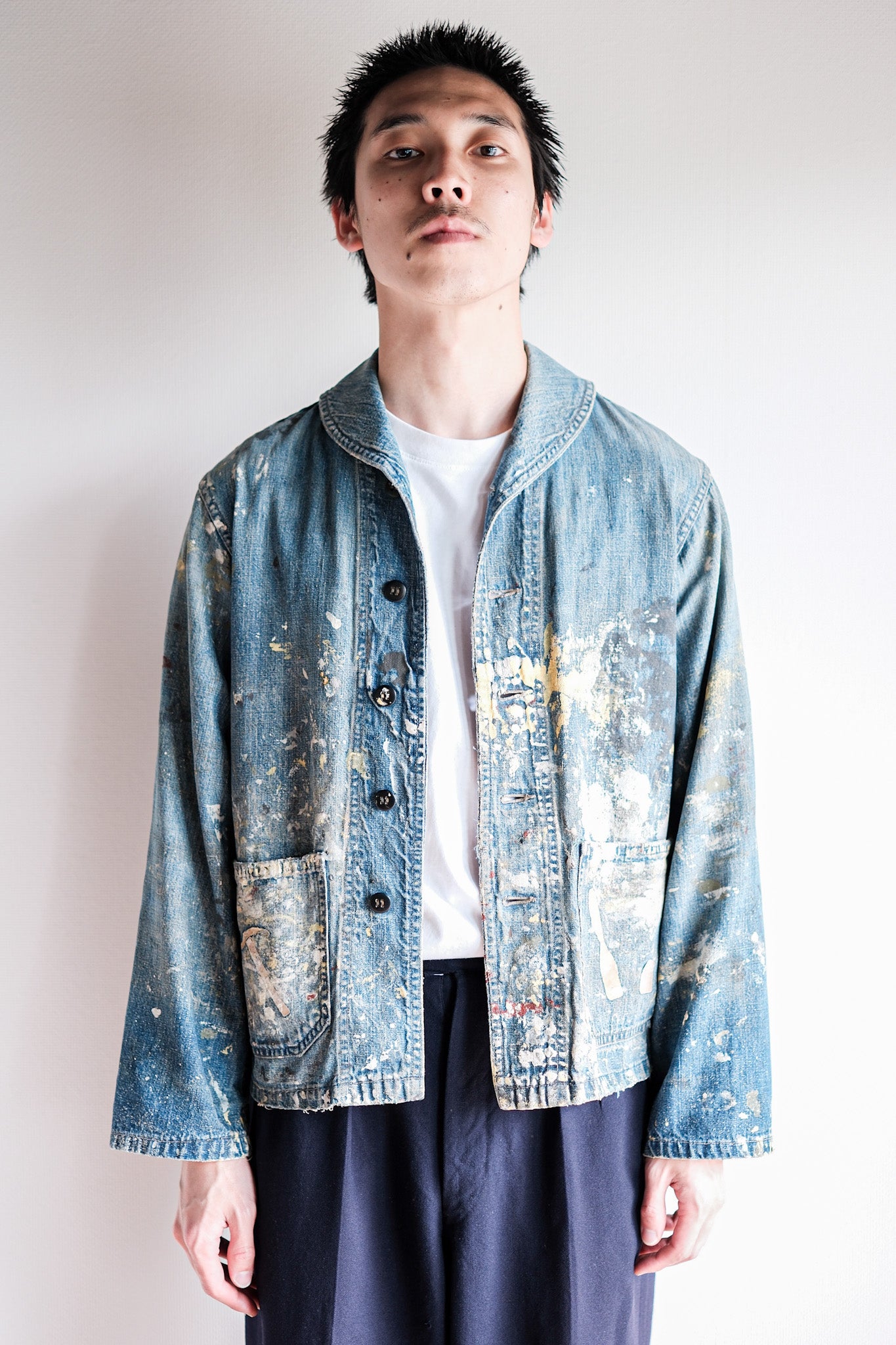 ［~40’s］U.S.NAVY Shawl Collar Denim Coverall “Crazy Paint”