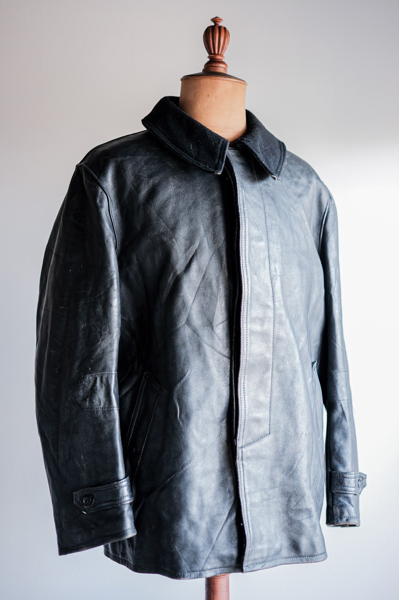 ［~60's］French Vintage Black Leather Work Jacket "Wool Collar"