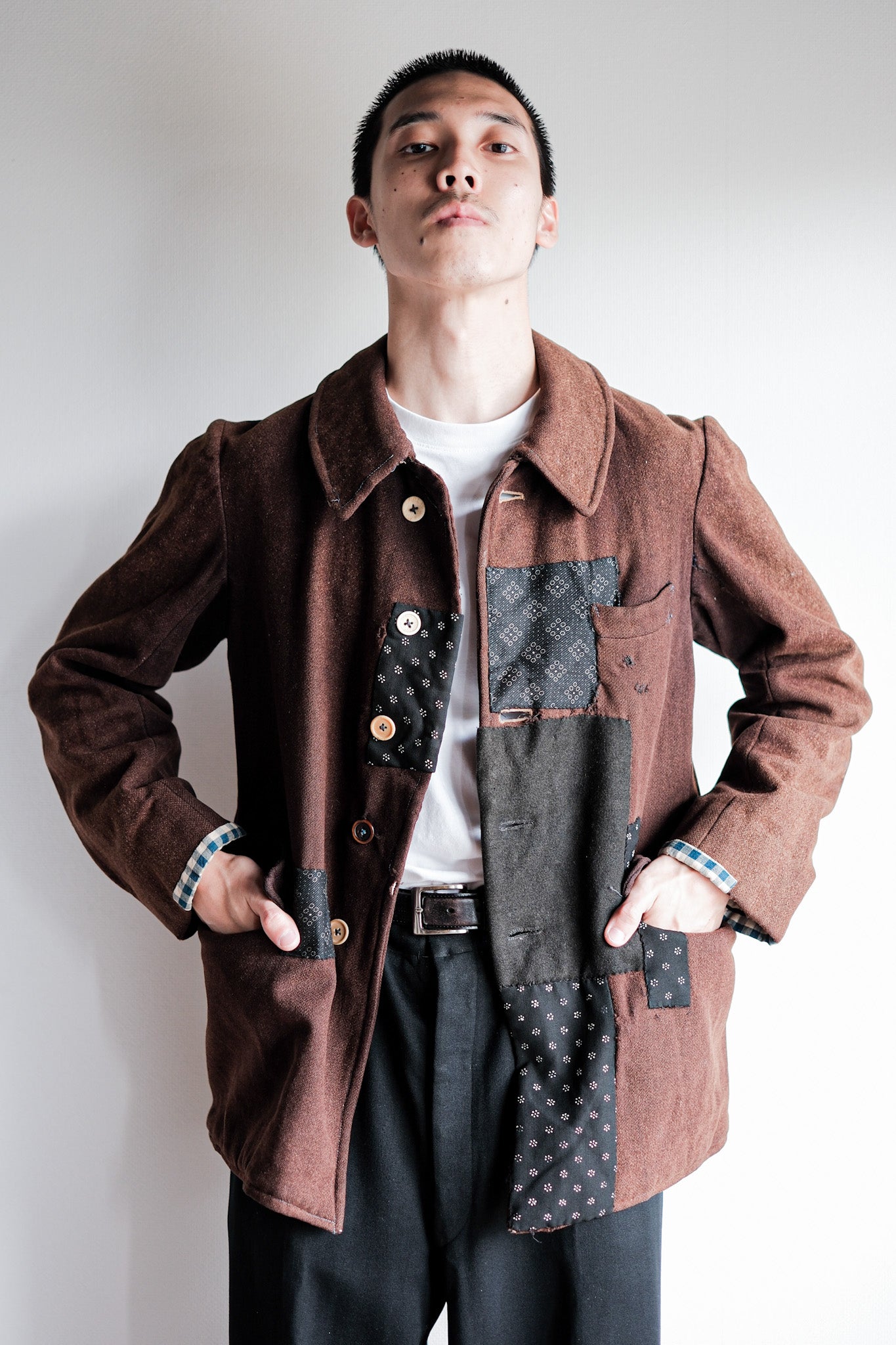 【~20's】French Vintage Brown Wool Work Jacket "Patchwork"