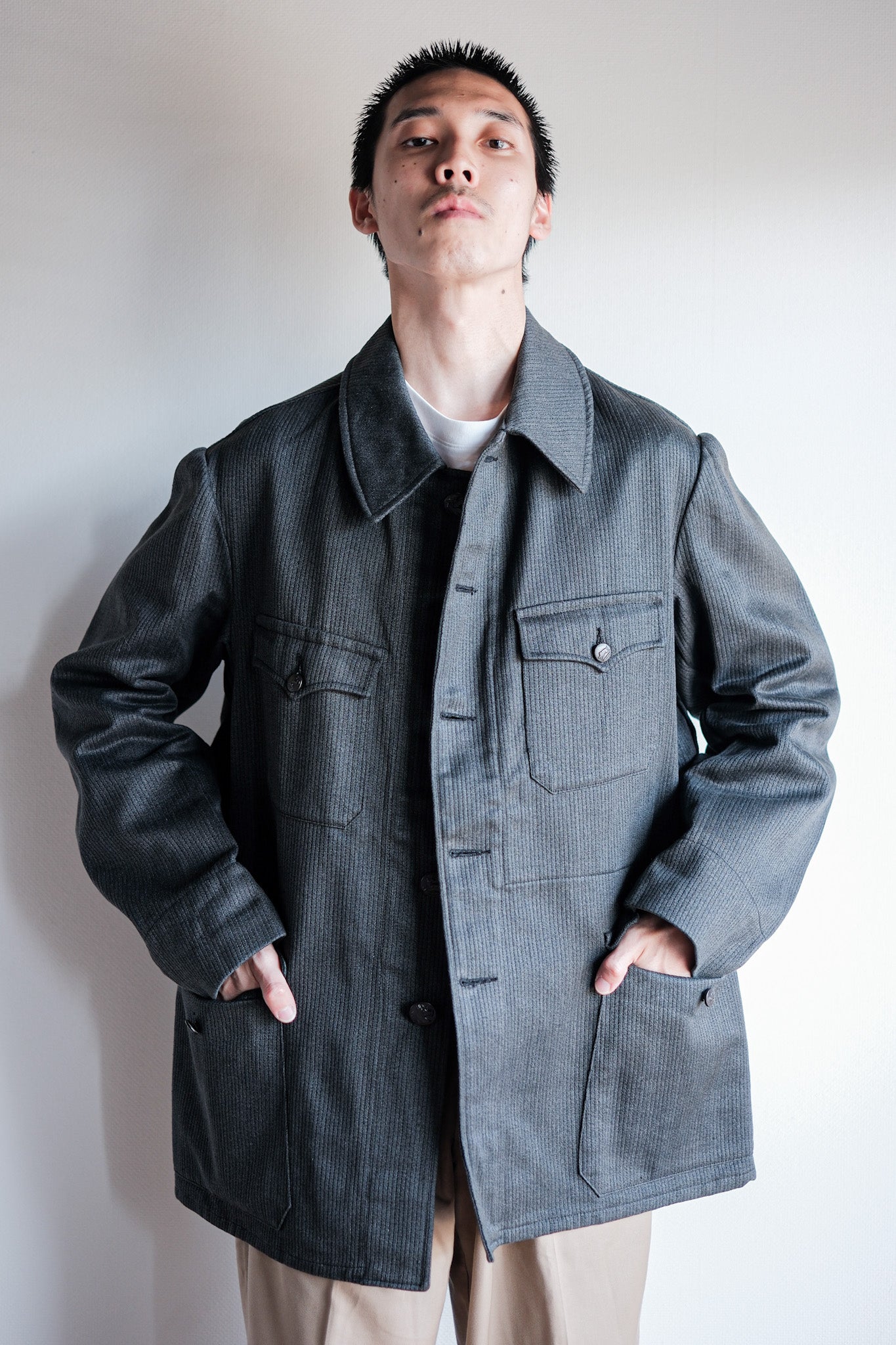 [~ 50's] French Vintage Gray Cotton Pique Hunting Jacket with China Strap "Dead Stock"