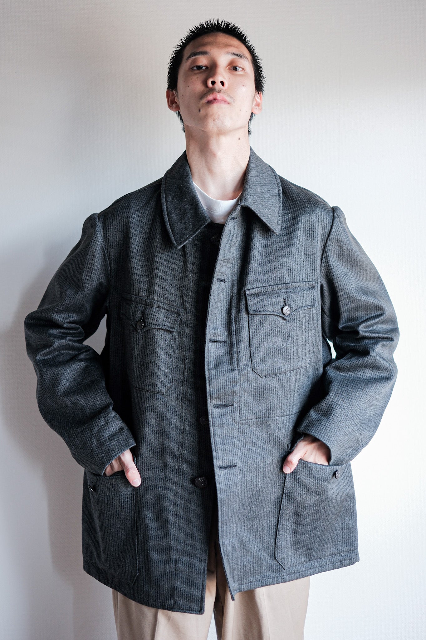 ［~50's］French Vintage Gray Cotton Pique Hunting Jacket With Chin Strap "Dead Stock"