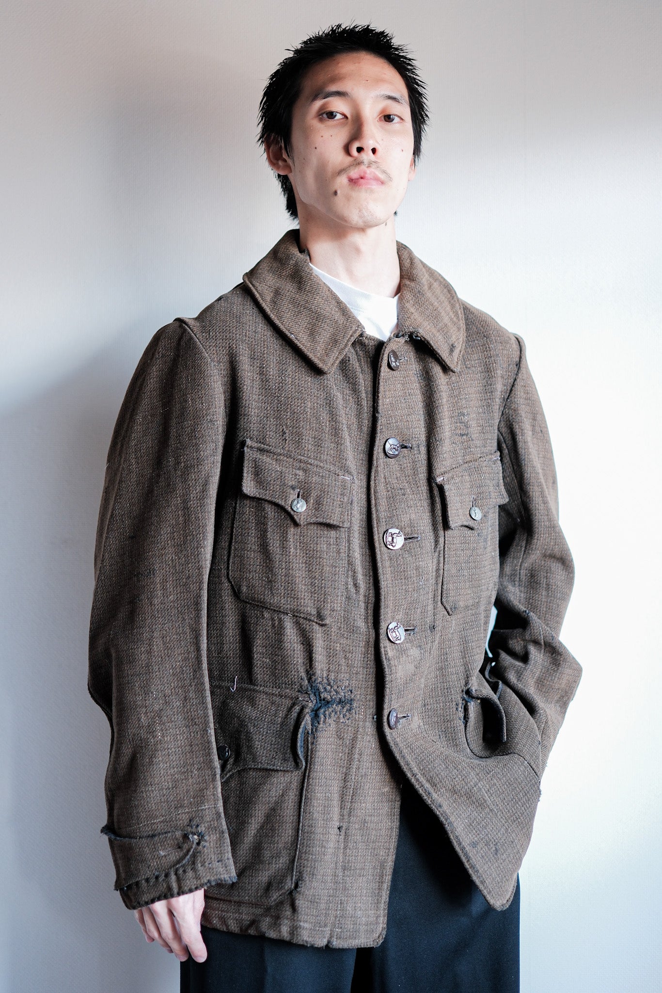 【~30's】French Vintage Brown Wool Hunting Jacket "Boro"
