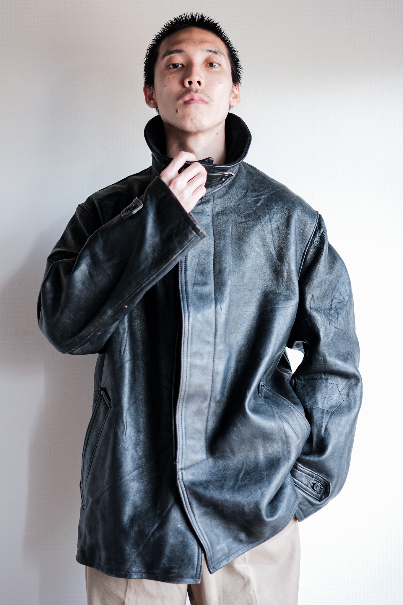 ［~60's］French Vintage Black Leather Work Jacket "Wool Collar"