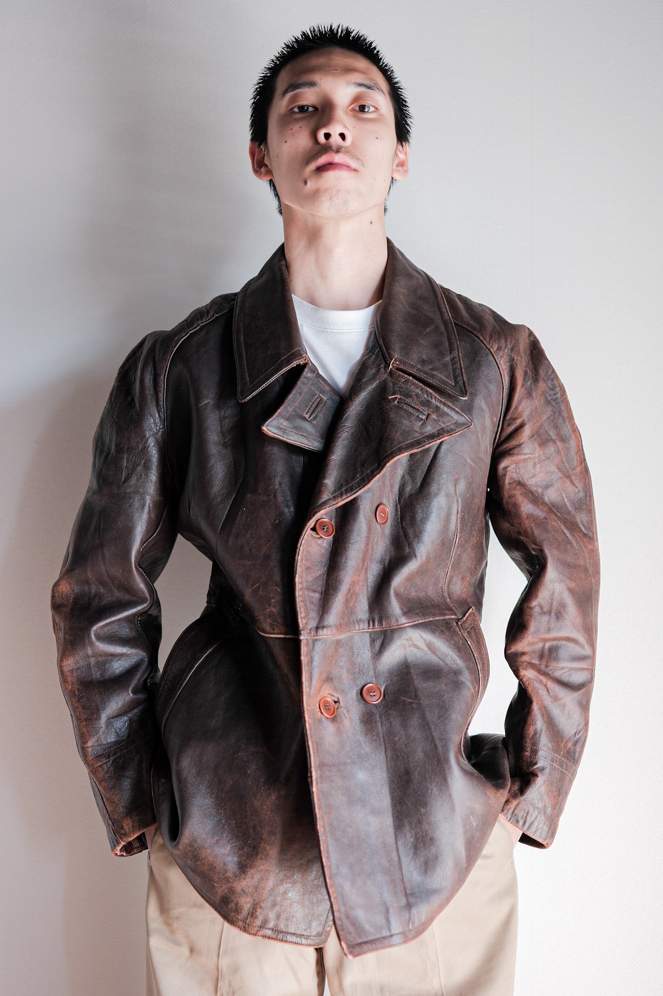【~50's】French Army Motorcycle Leather Jacket Size.B2