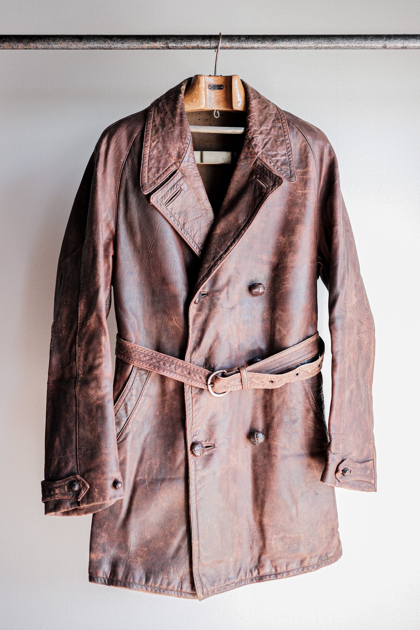 【~40's】French Vintage Double Breasted Brown Leather Coat With Chin Strap