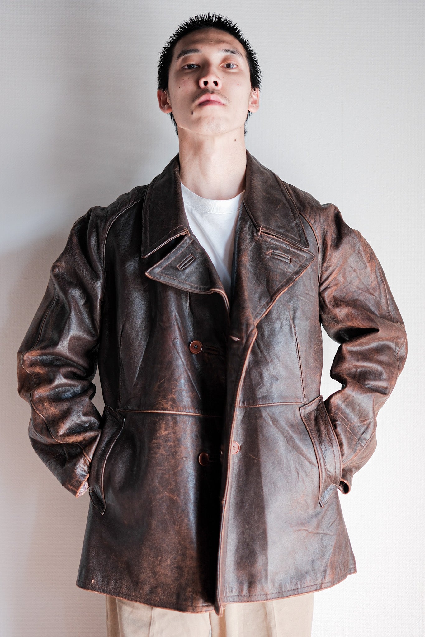 80s French Army Motorcycle Leather Coat多少の誤差はご了承下さい