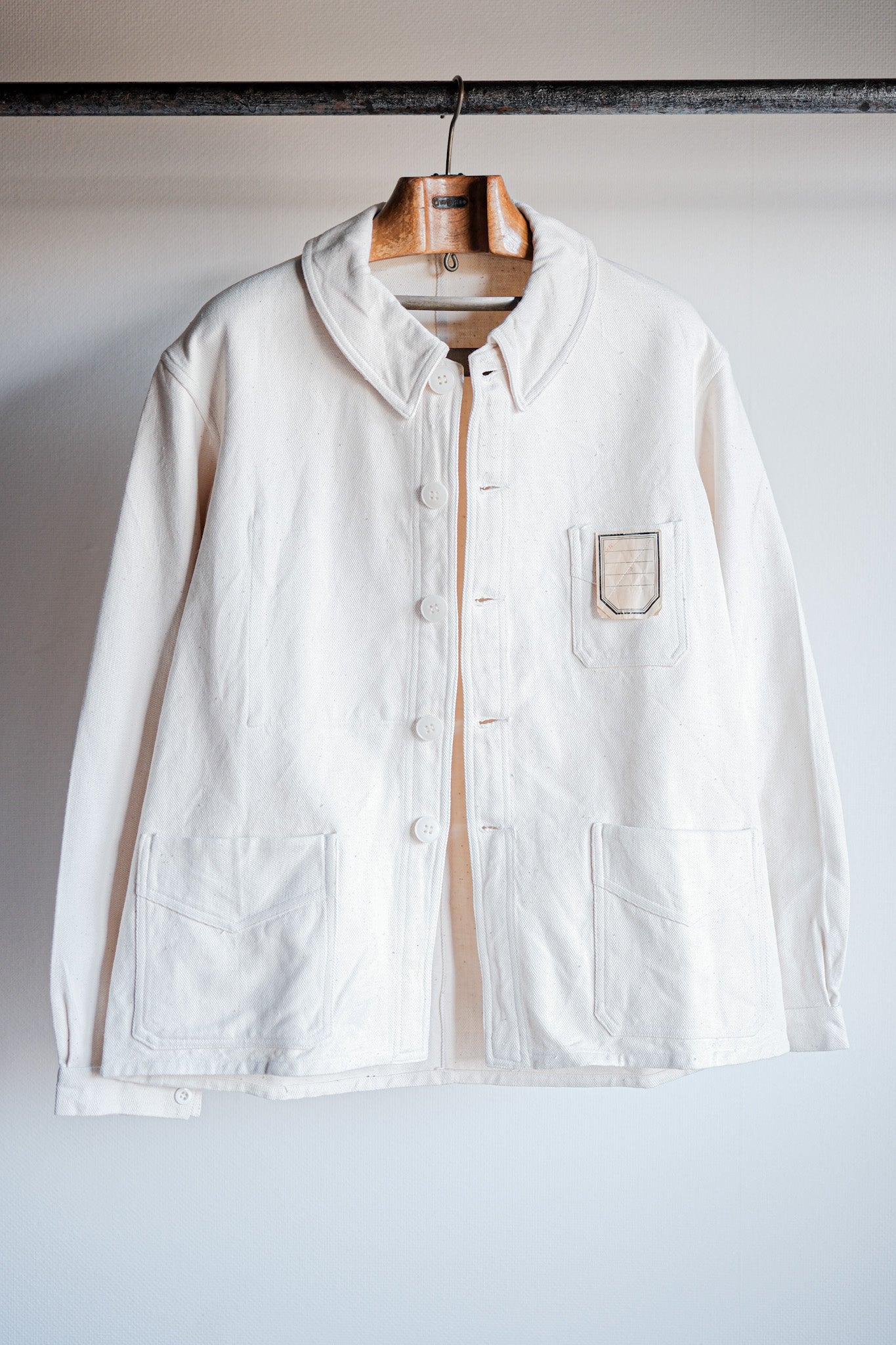 [~ 40's]Français vintage White Cotton Twill Work Jacket Taille.48 « Dead Stock »