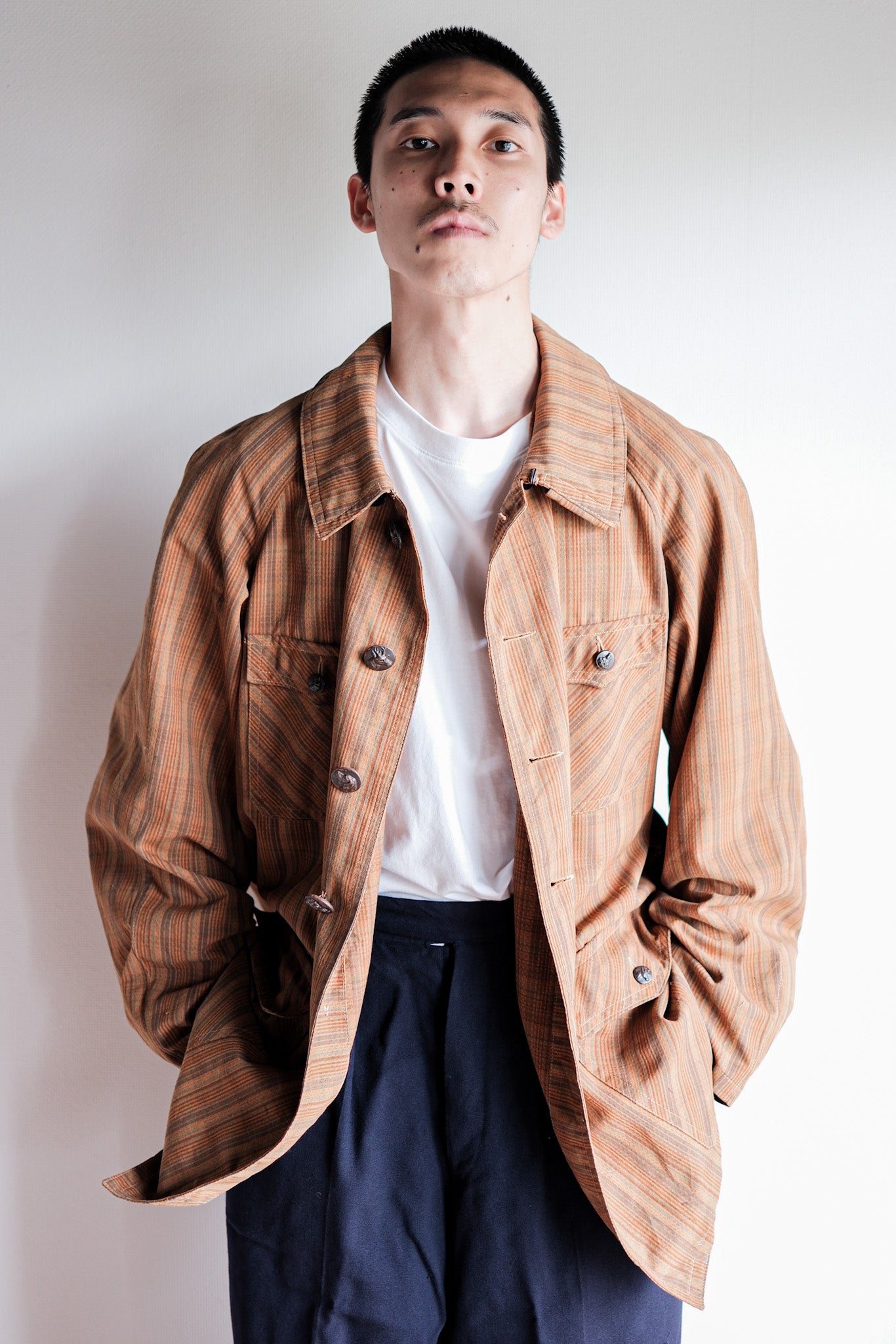 【~50's】French Vintage Brown Cotton Striped Raglan Sleeve Hunting Jacket With Chin Strap "Unusual Pattern"