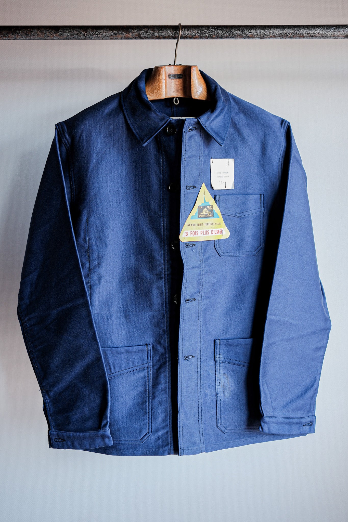 【~50’s】French Vintage Blue Moleskin Work Jacket Size.44 "Le Mont St. Michel" "Dead Stock"
