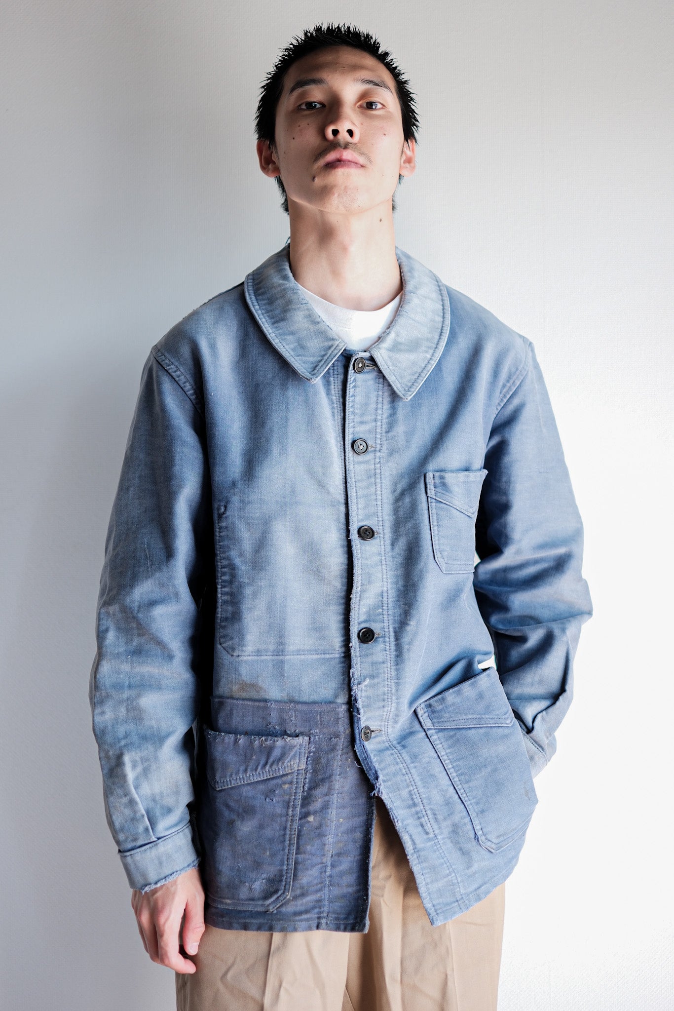 [~ 40 년대] 프랑스 빈티지 블루 몰스 피부 작업 재킷