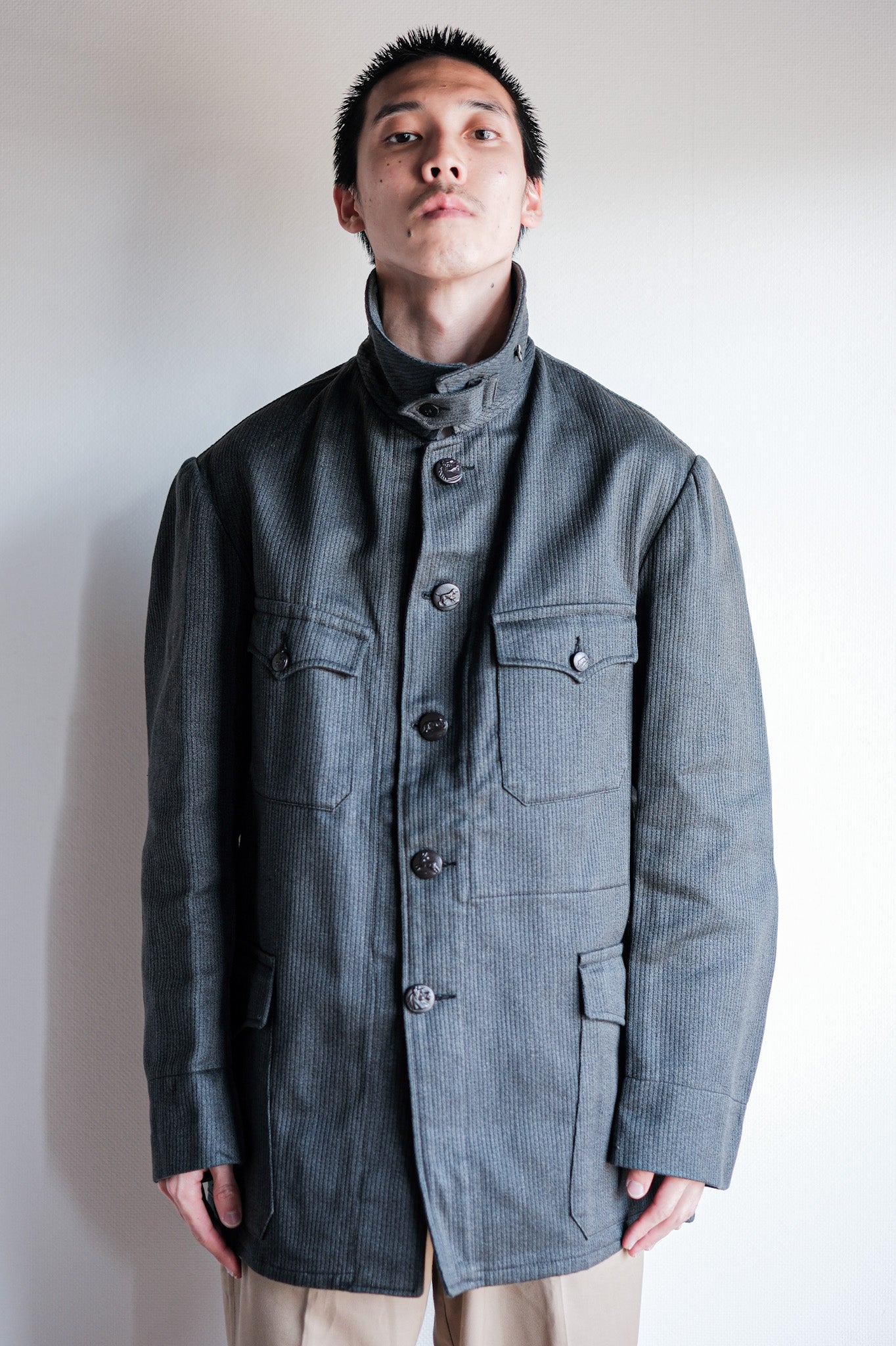 【~50's】French Vintage Gray Cotton Pique Hunting Jacket With Chin Strap "Dead Stock"