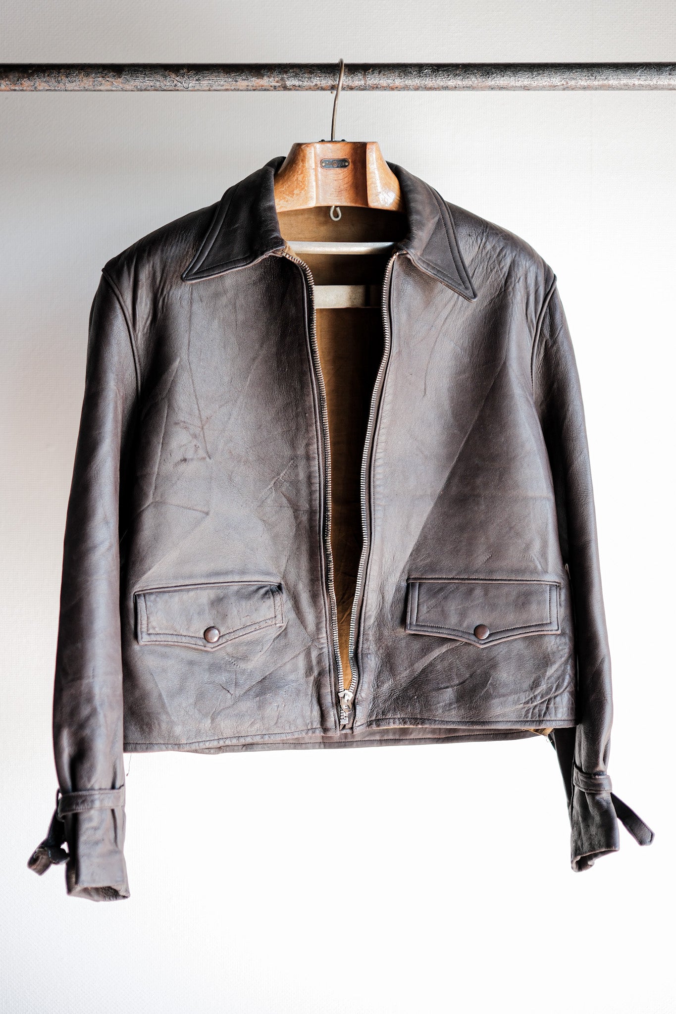 【~40’s】French Vintage Brown Leather Cyclist Jacket "Modified"