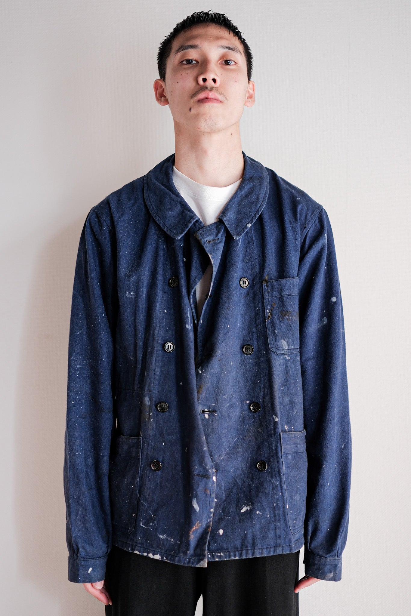 ［~50's］French Vintage Double Breasted Indigo Cotton Twill Work Jacket "Crazy Paint"