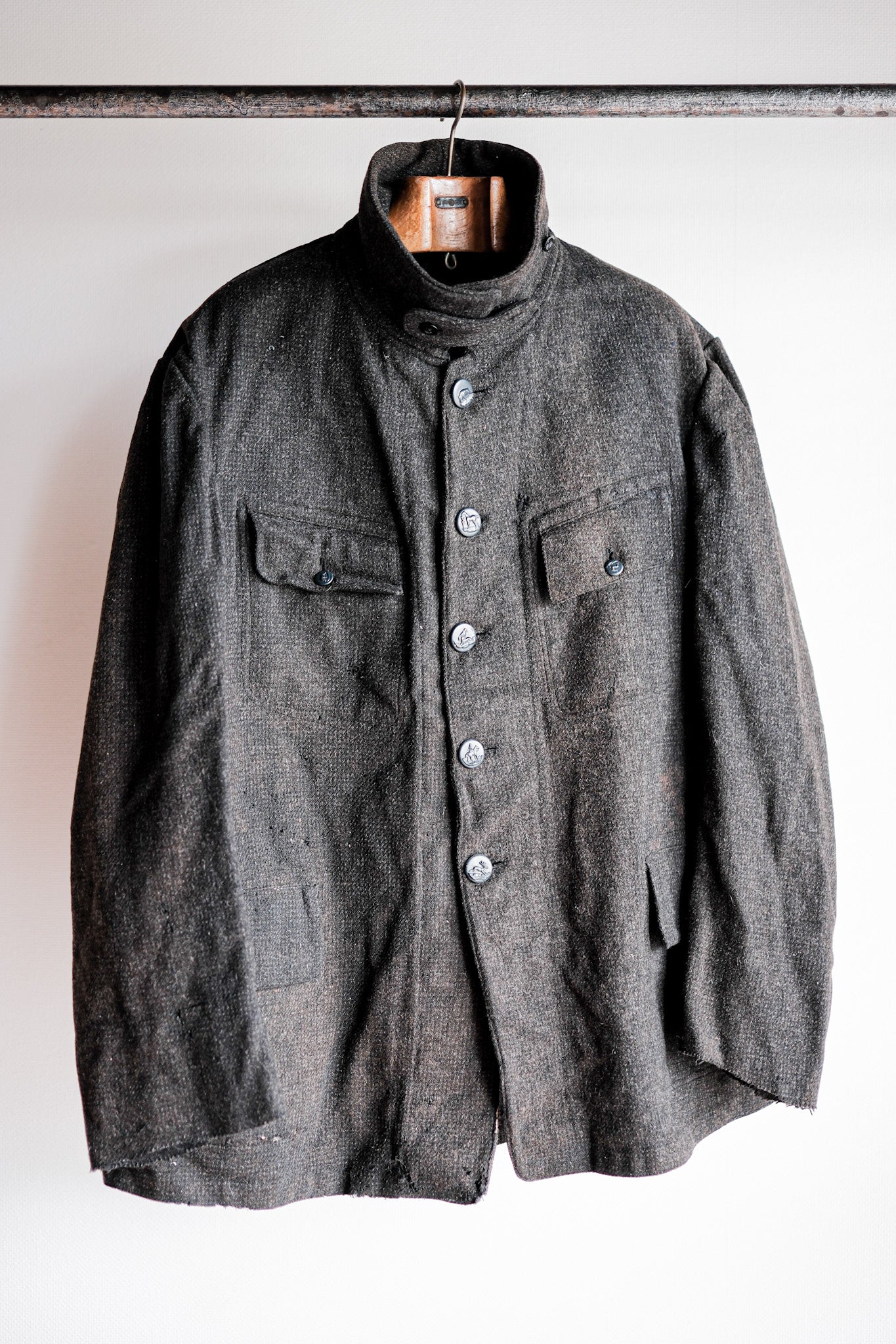 【~30's】French Vintage Gray Wool Hunting Jacket With Chin Strap "Boro"