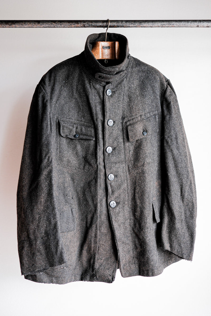 [~30's] French Vintage Grey Wool Hunting Jacket With Chin Strap "Boro"