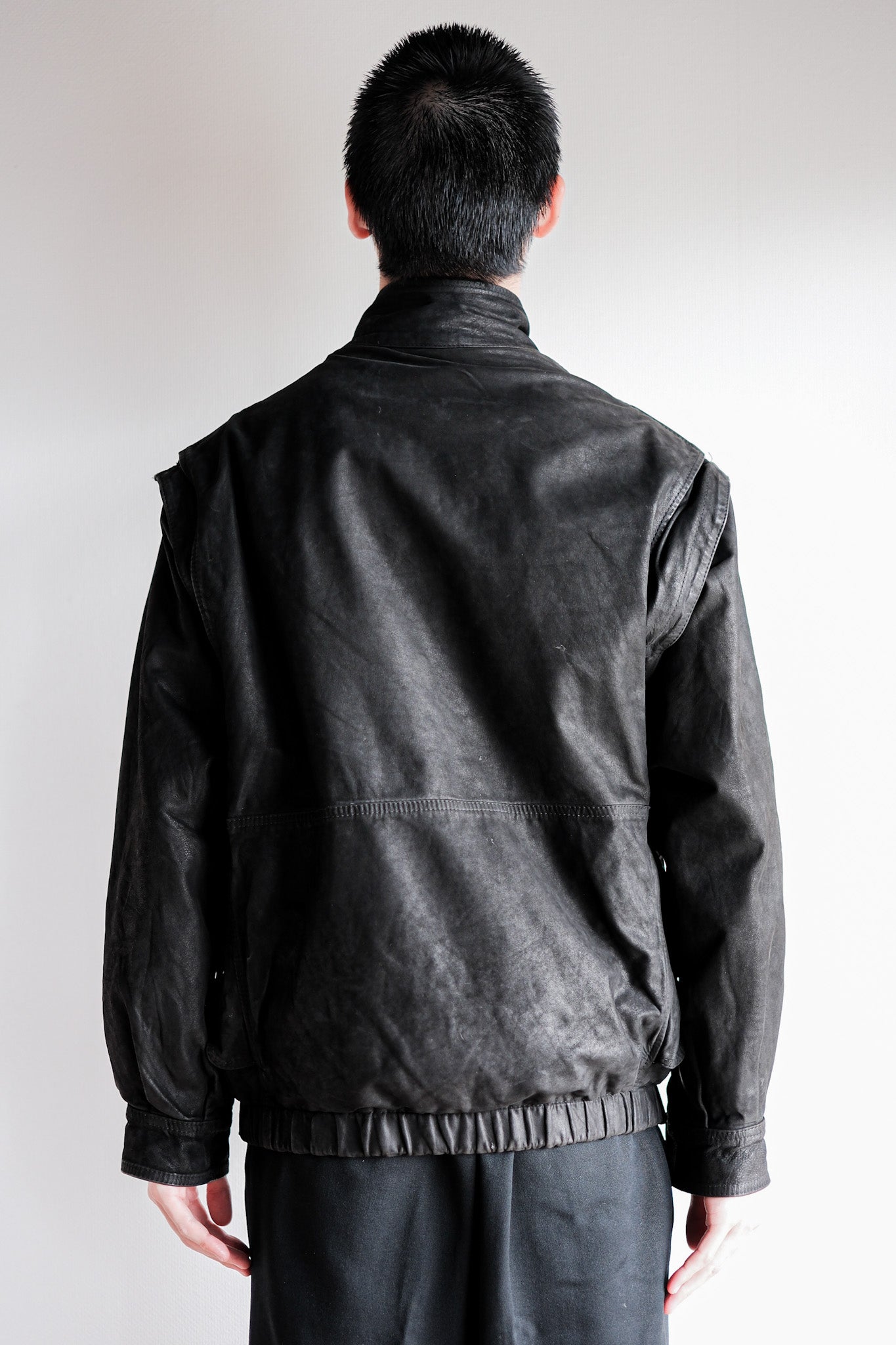 ［~90's］Old Renoma Paris Black Leather Detachable Sleeve Multi Pocket Jacket Size.M