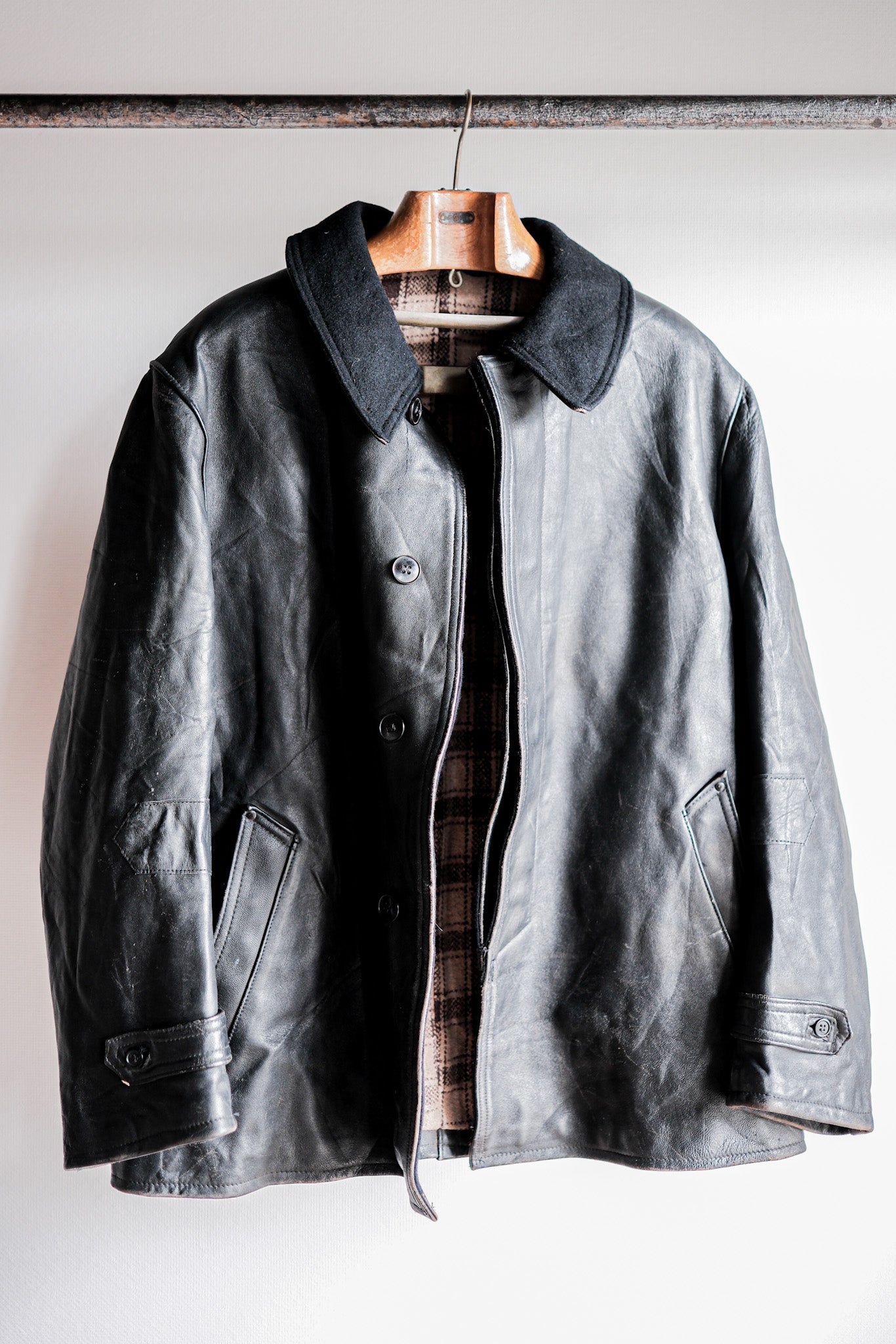 60's] French Vintage Black Leather Work Jacket Wool Collar