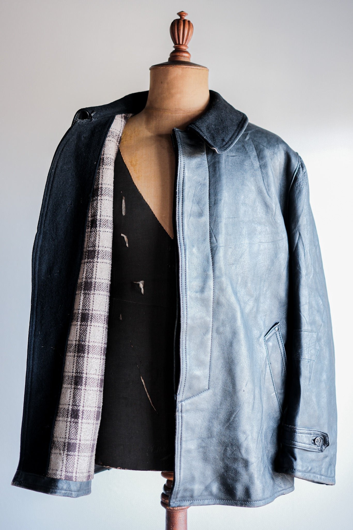［~60's］French Vintage Black Leather Work Jacket "Wool Collar"