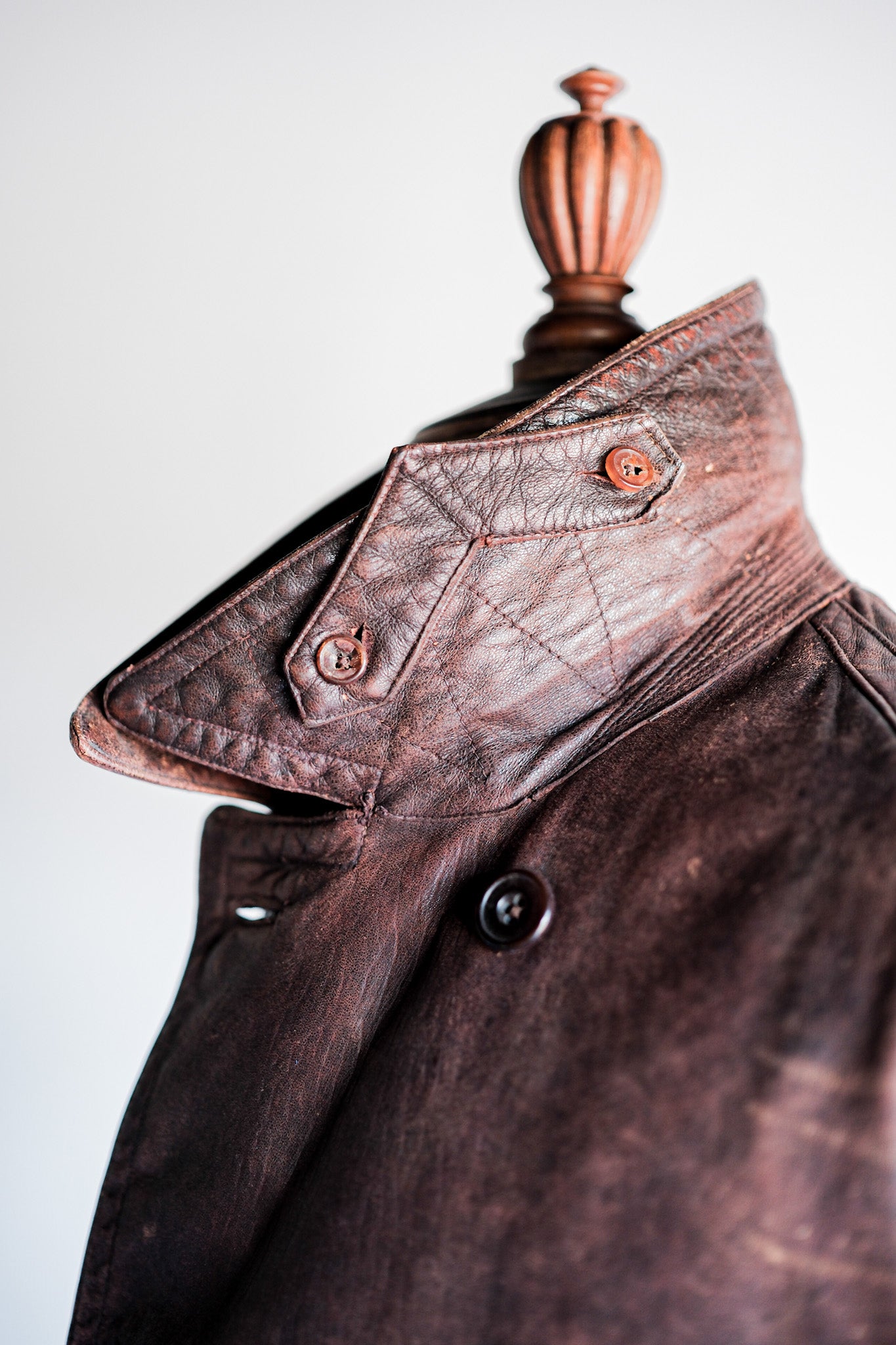 【~40's】French Vintage Double Breasted Brown Leather Coat With Chin Strap
