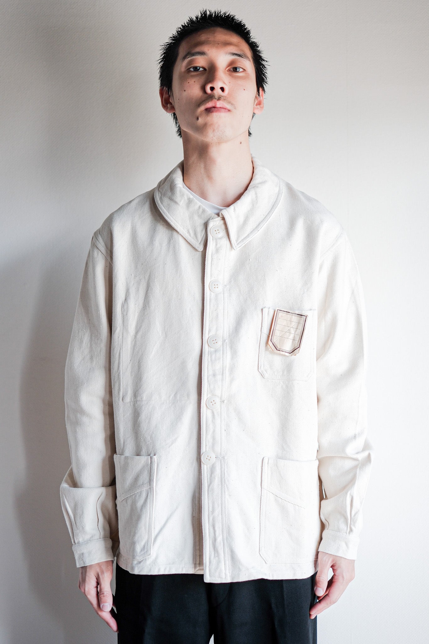 [~ 40's]Français vintage White Cotton Twill Work Jacket Taille.48 « Dead Stock »