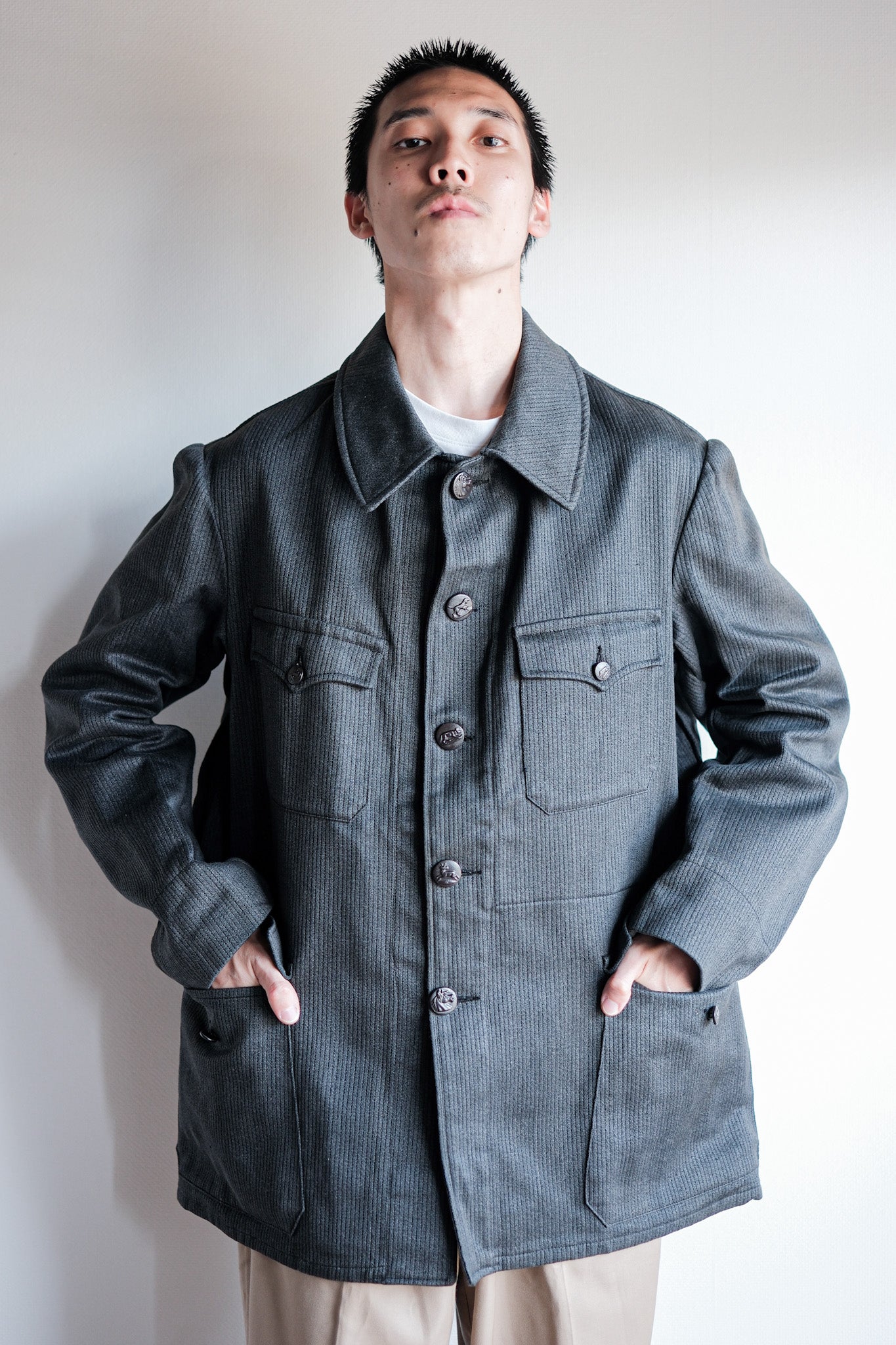 【~50's】French Vintage Gray Cotton Pique Hunting Jacket With Chin Strap "Dead Stock"