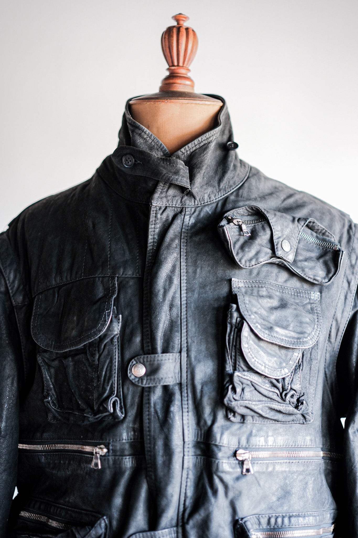 ［~90's］Old Renoma Paris Black Leather Detachable Sleeve Multi Pocket Jacket Size.M