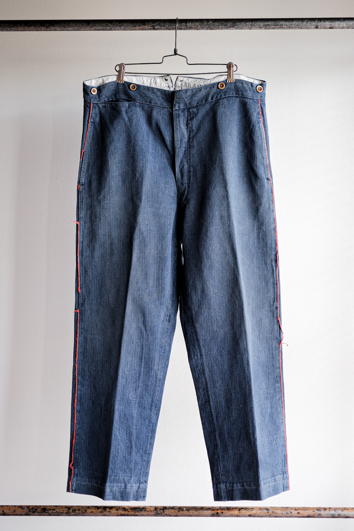 Early 20th C］French Vintage Indigo HBT Linen Firefighter Trousers 