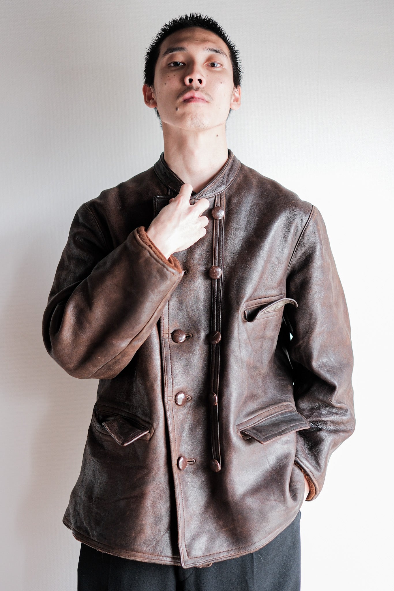 【~40's】Swedish Vintage Double Breasted Leather Jacket