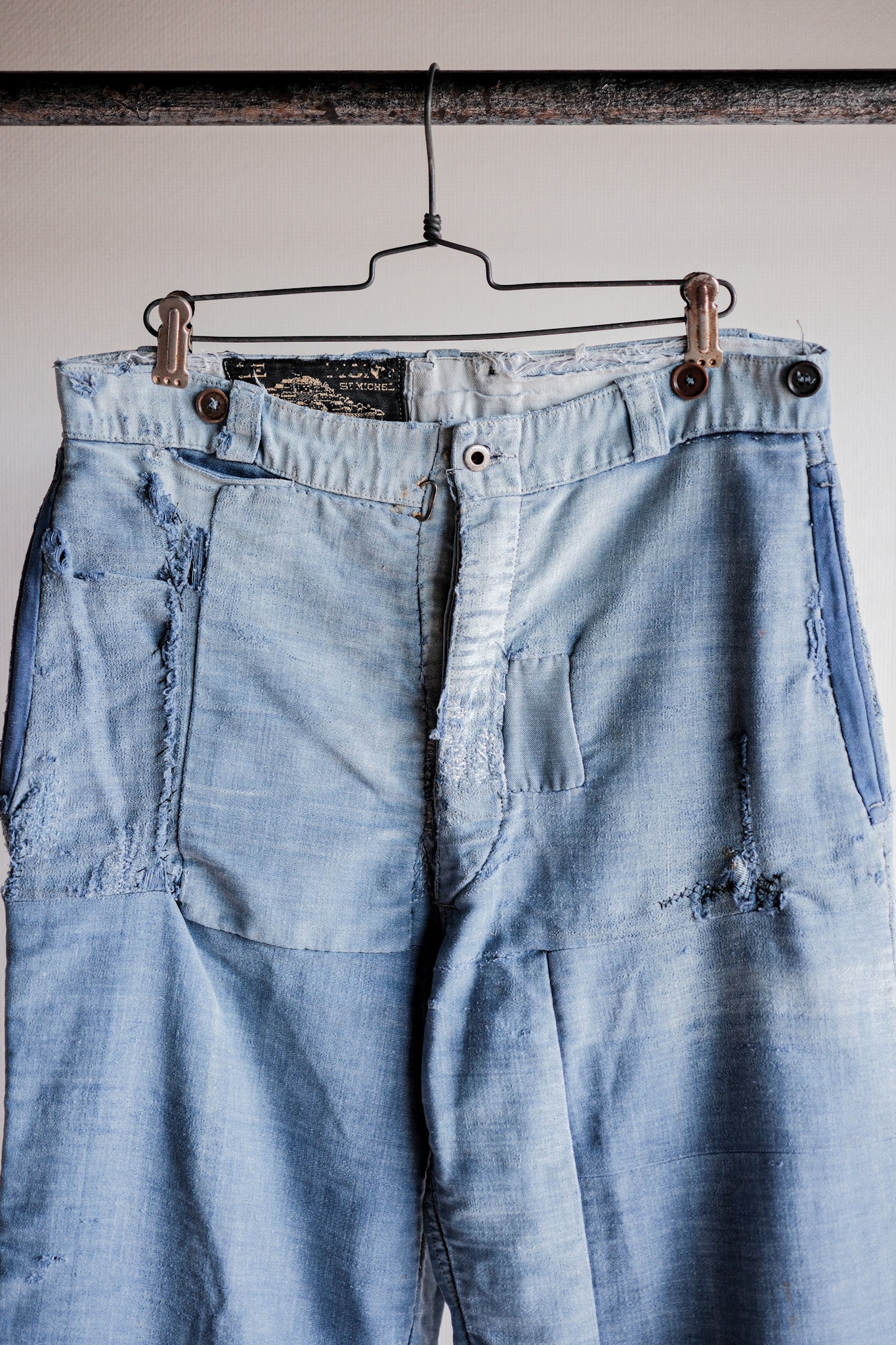 【~40's】French Vintage Blue Moleskin Work Pants "Patchwork" "Le Mont St. Michel"