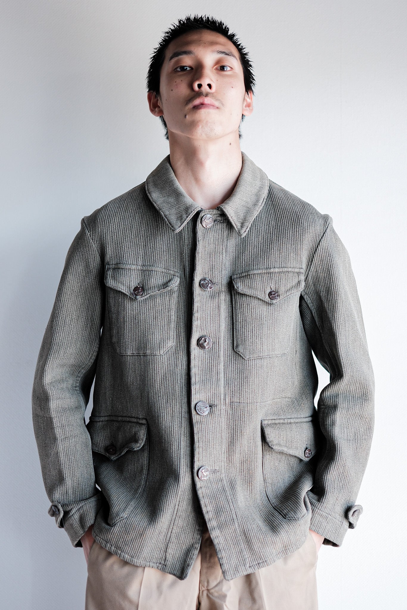 [~ 50's] French Vintage Gray Cotton Pique Hunting Jacket