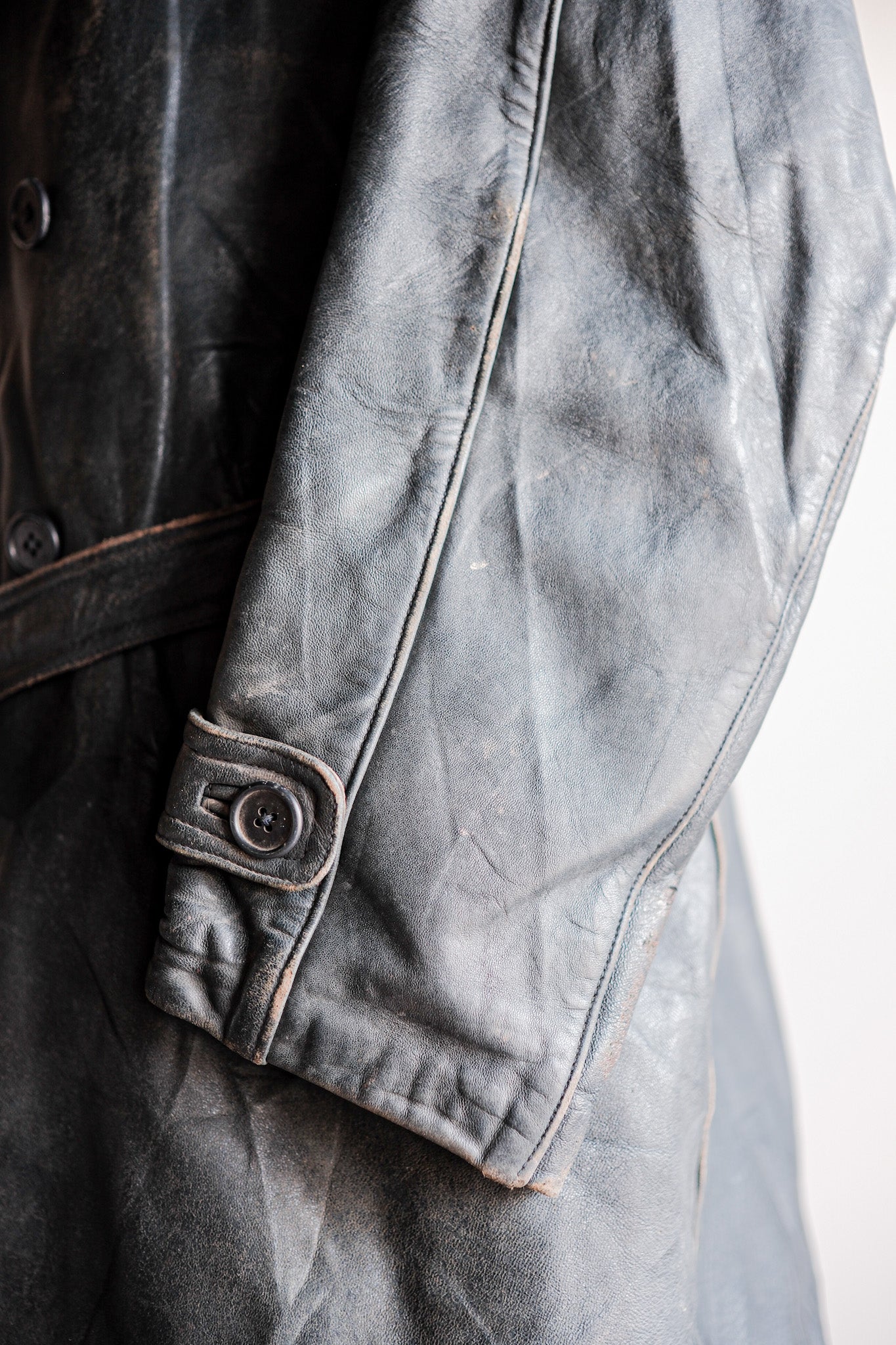 ［~50's］French Vintage Double Breasted Leather Work Coat With Chin Strap