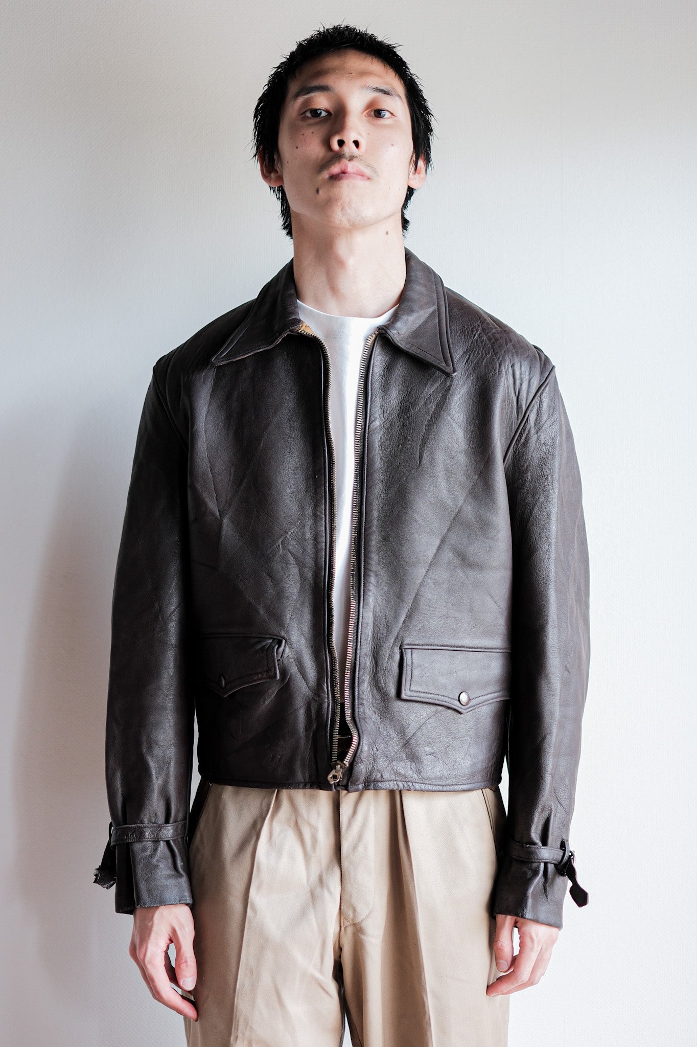 【~40’s】French Vintage Brown Leather Cyclist Jacket 