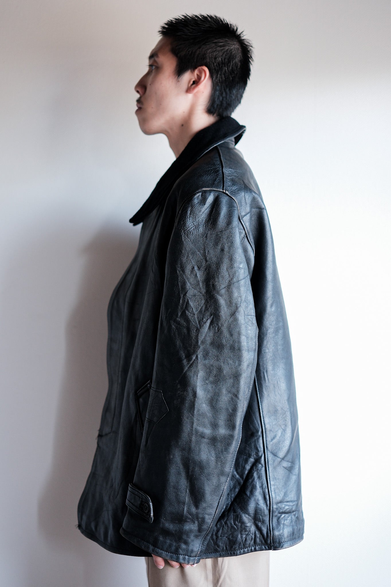 ［~60's］French Vintage Black Leather Work Jacket "Wool Collar"