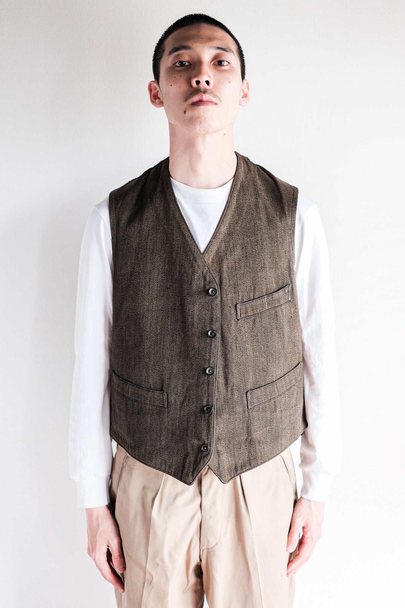 ［~50's］French Vintage Brown Salt & Pepper Cotton Work Gilet