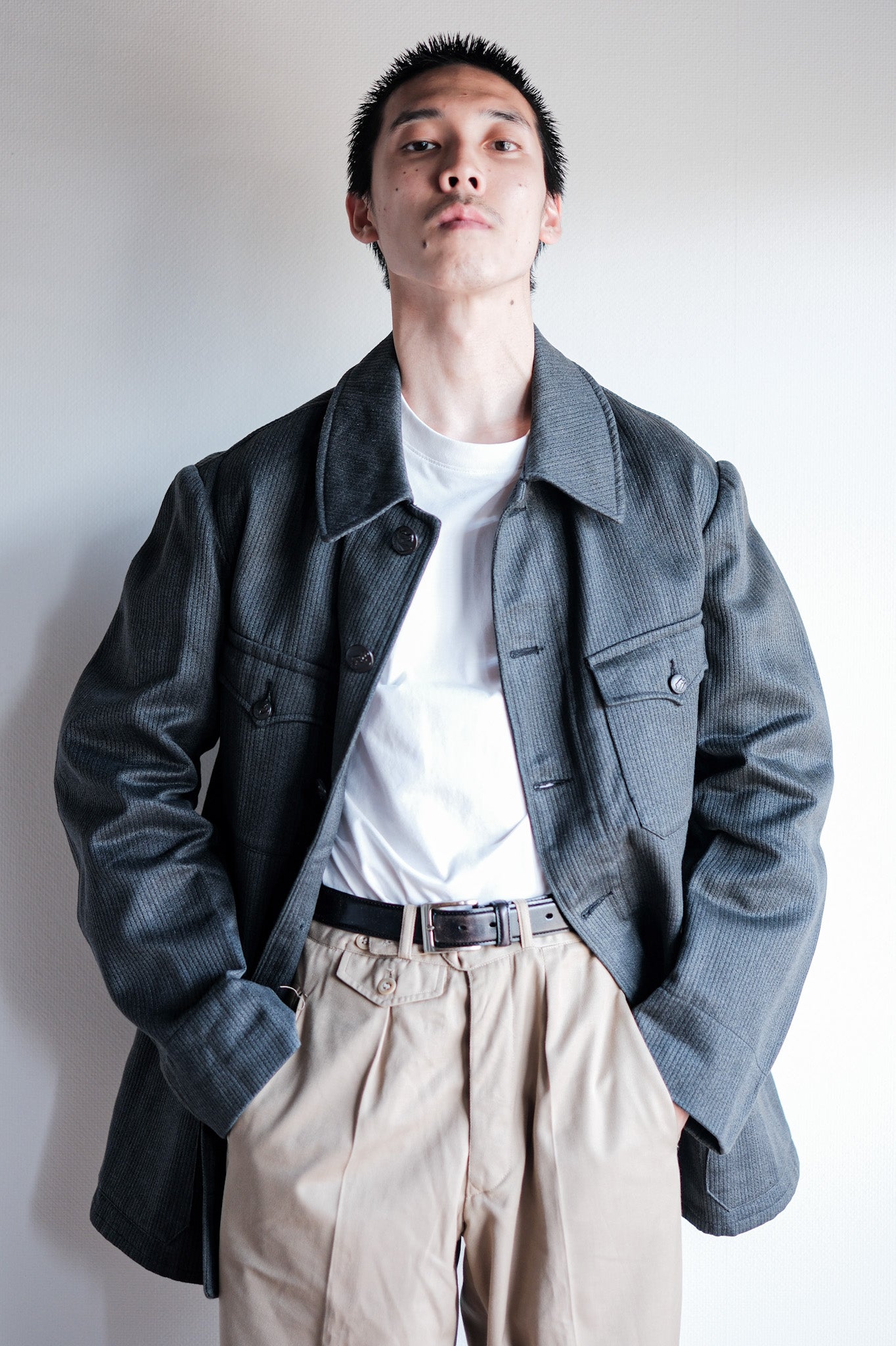 【~50's】French Vintage Gray Cotton Pique Hunting Jacket With Chin Strap "Dead Stock"