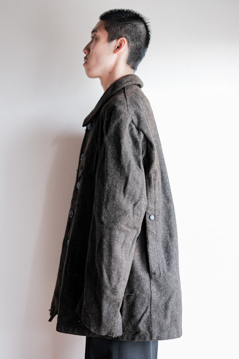 [~30's] French Vintage Grey Wool Hunting Jacket With Chin Strap "Boro"
