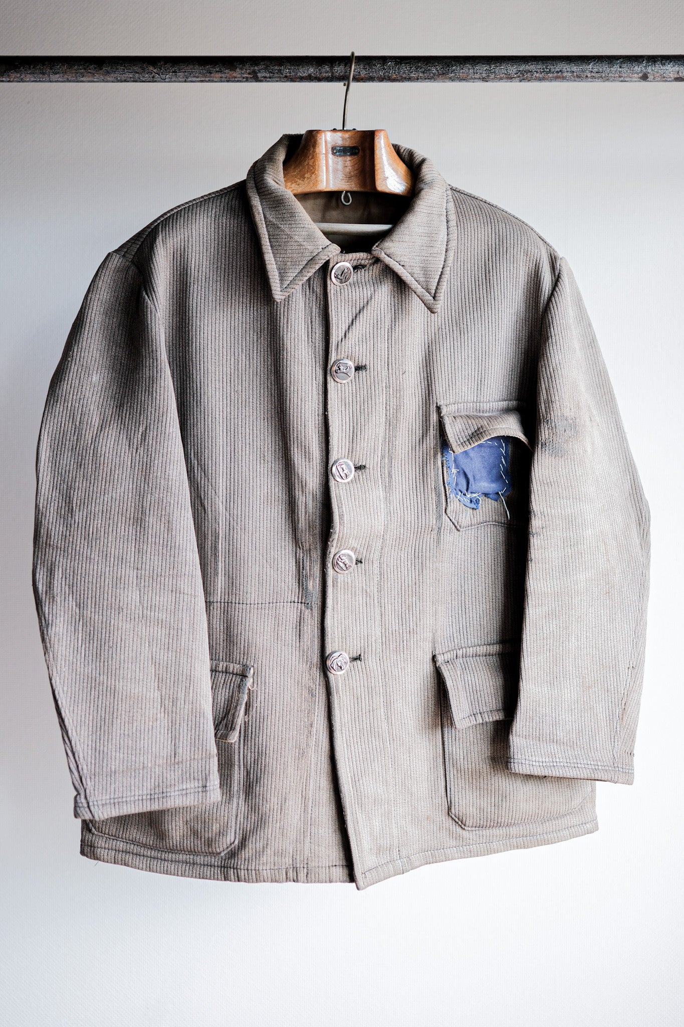 [〜60年代]法國復古棕色灰色棉花狩獵外套的尺寸。46