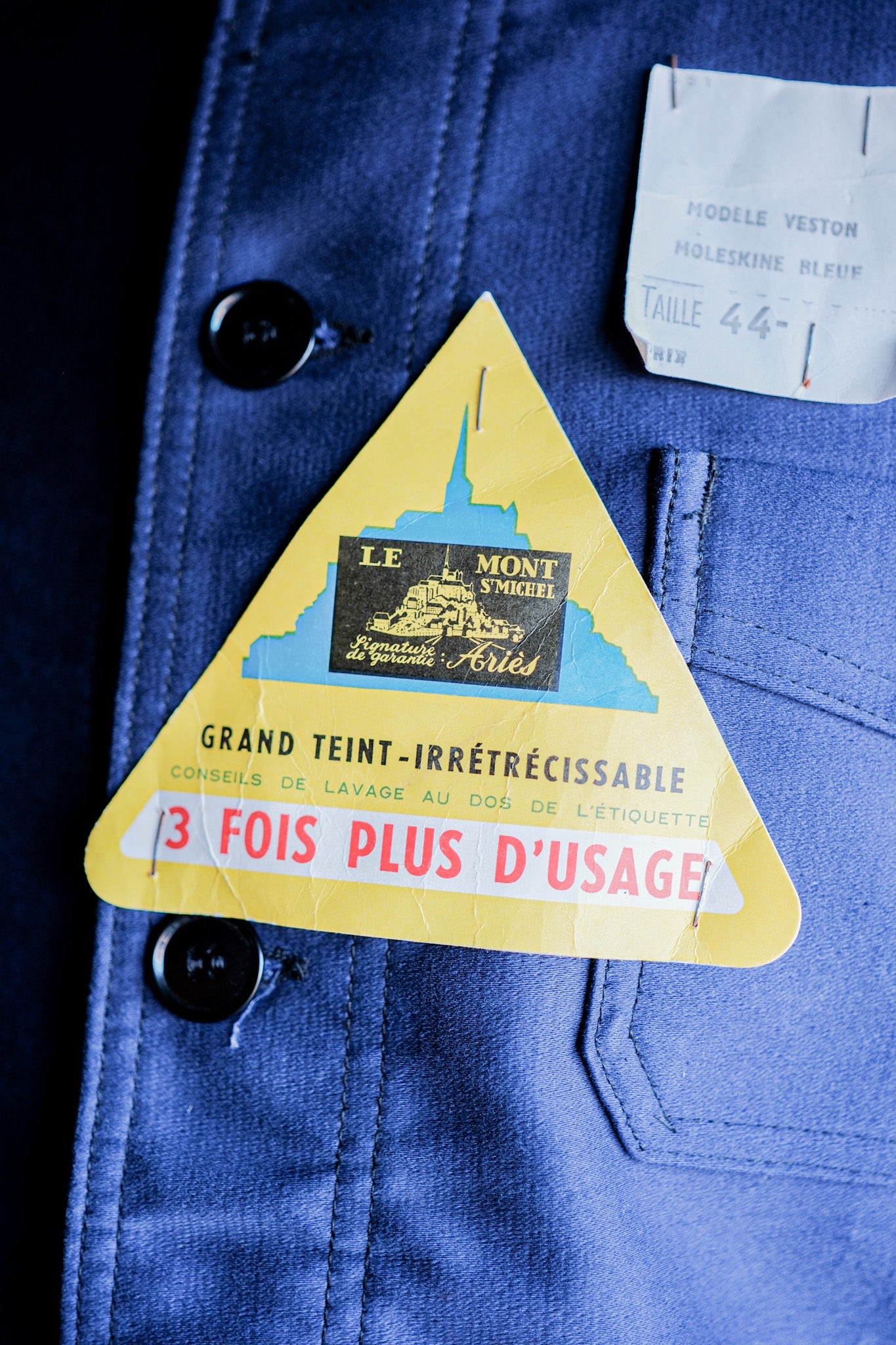 【~50’s】French Vintage Blue Moleskin Work Jacket Size.44 "Le Mont St. Michel" "Dead Stock"
