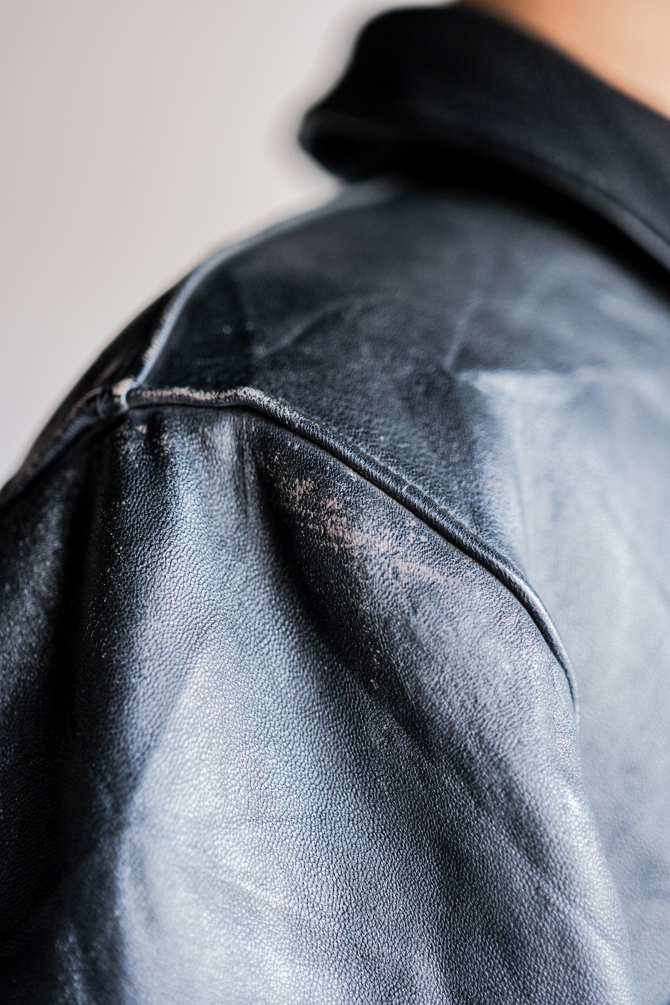 【~60's】French Vintage Black Leather Work Jacket "Wool Collar"