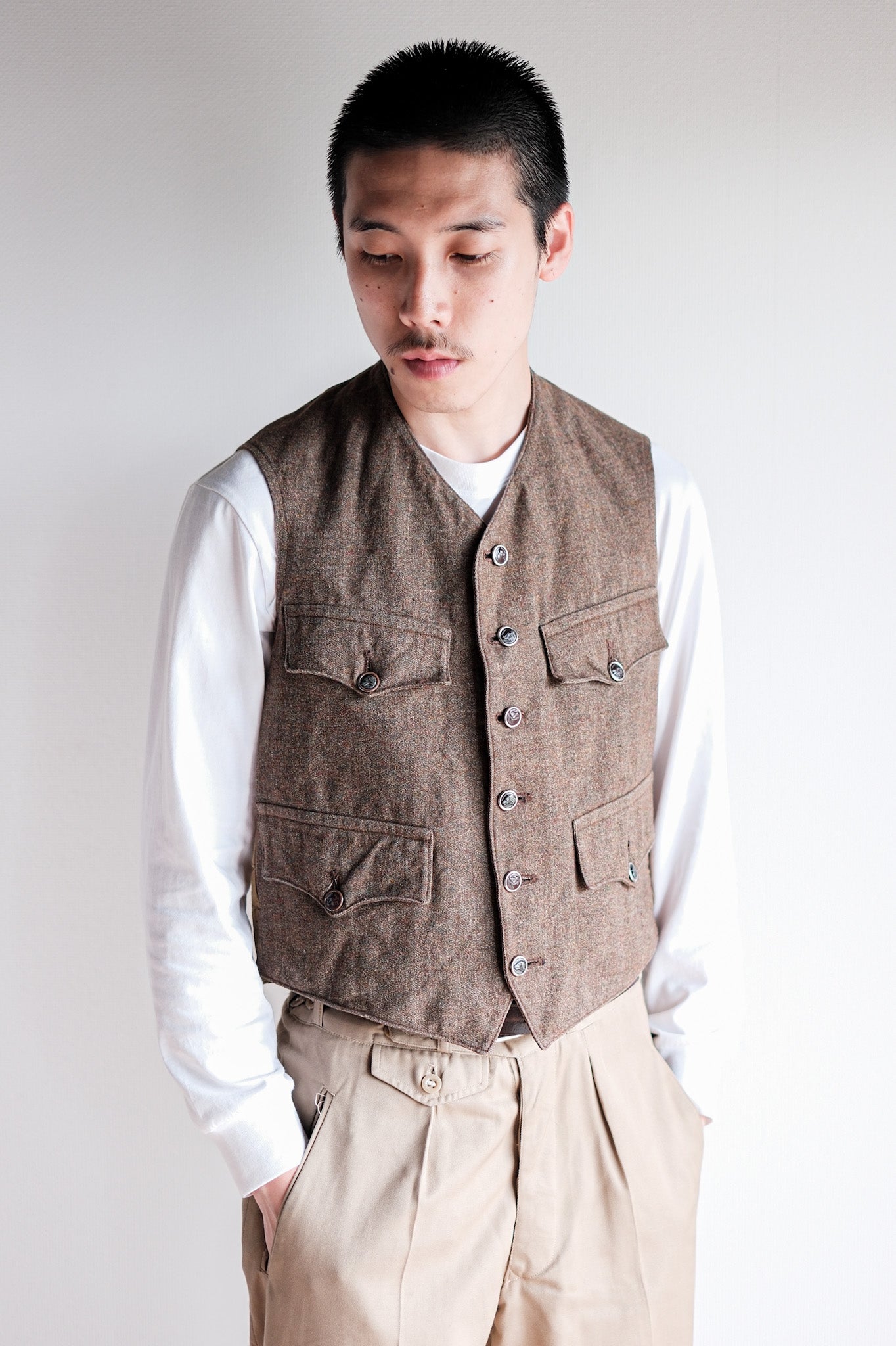 [~ 40's] French Vintage Brown Mix Wool Hunting Gilet