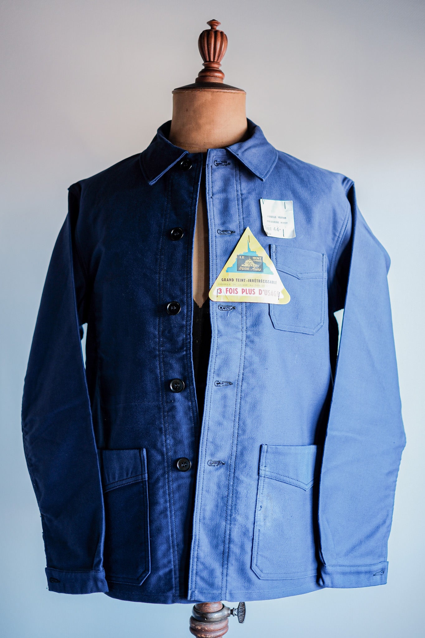 【~50’s】French Vintage Blue Moleskin Work Jacket Size.44 "Le Mont St. Michel" "Dead Stock"