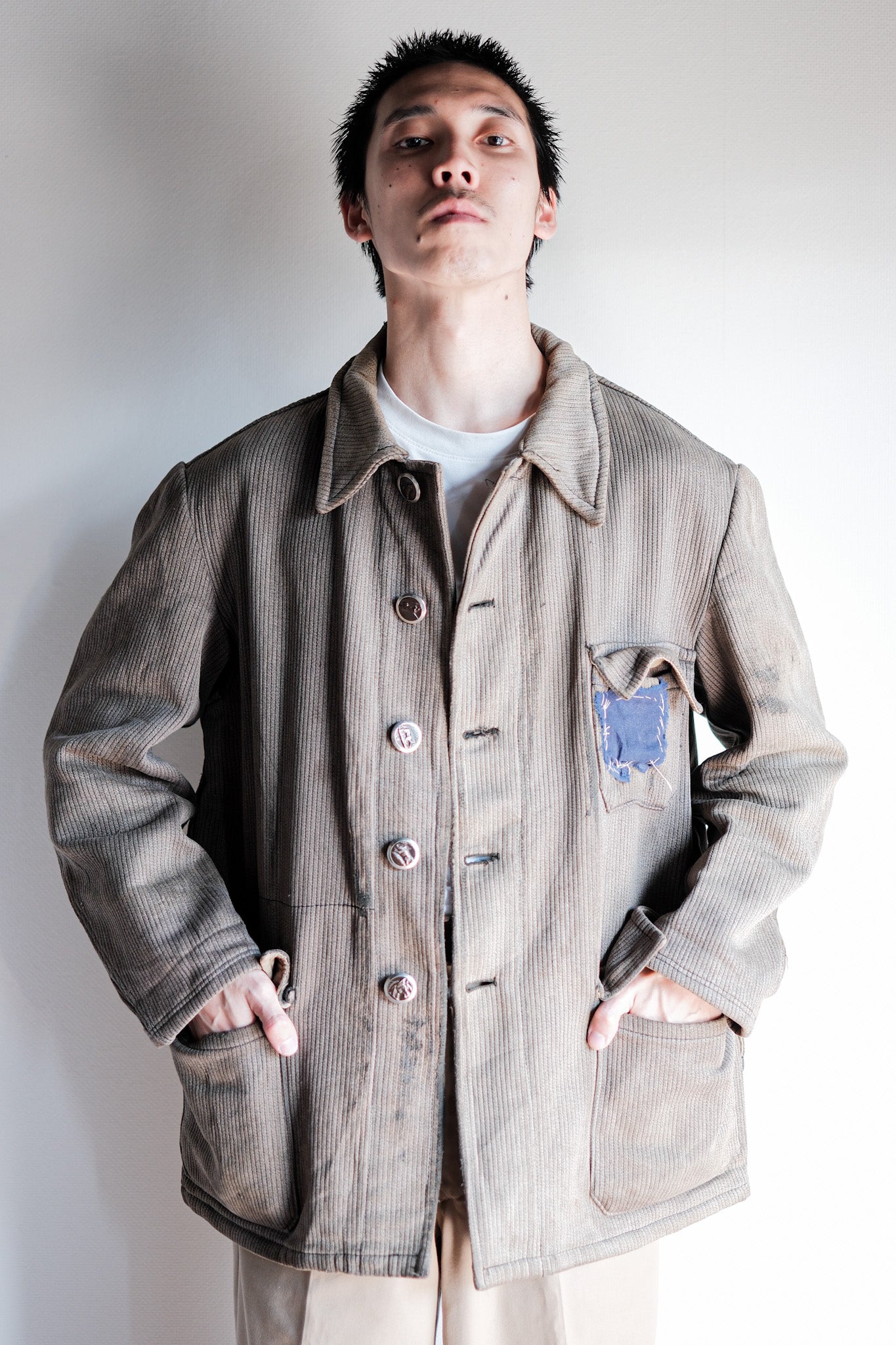 【~60's】French Vintage Brown Gray Cotton Pique Hunting Jacket Size.46