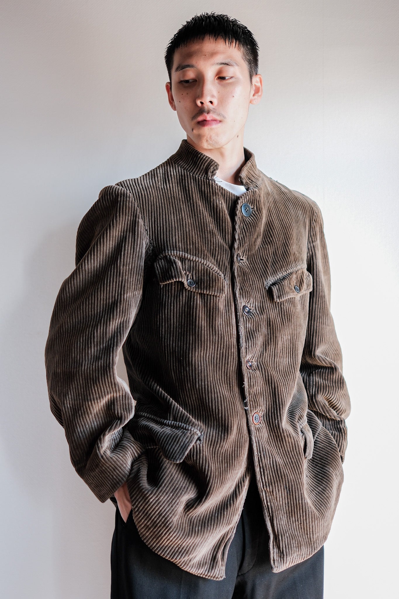 【~30’s】French Vintage Brown Corduroy Stand Collar Work Jacket "Unusual Pattern"