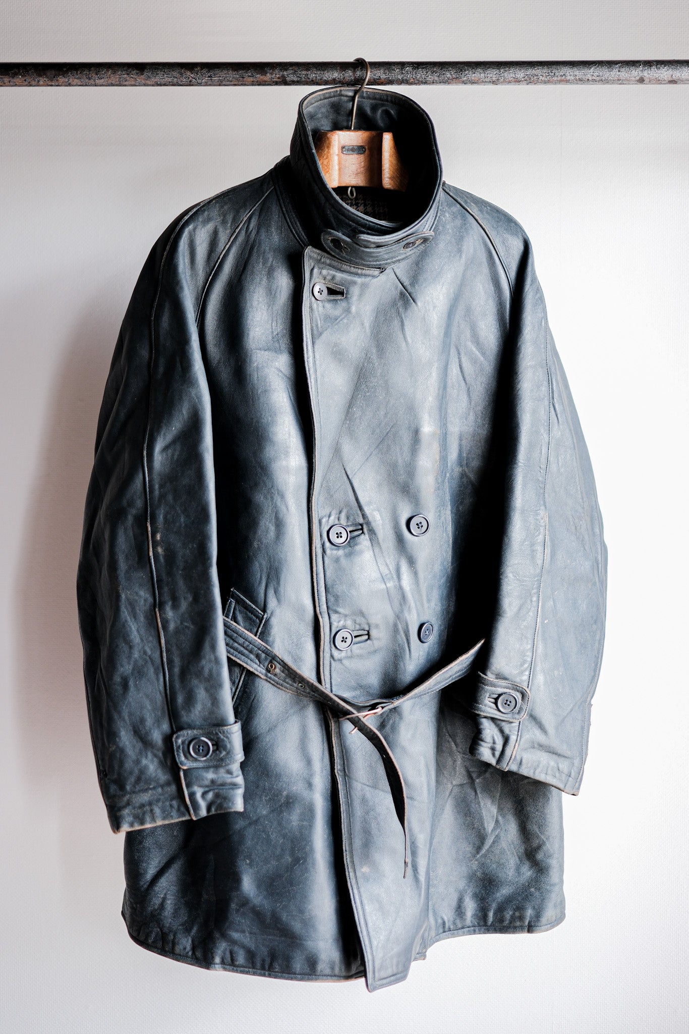 50's] French Vintage Double Breasted Leather Work COAT WITH CHITH C