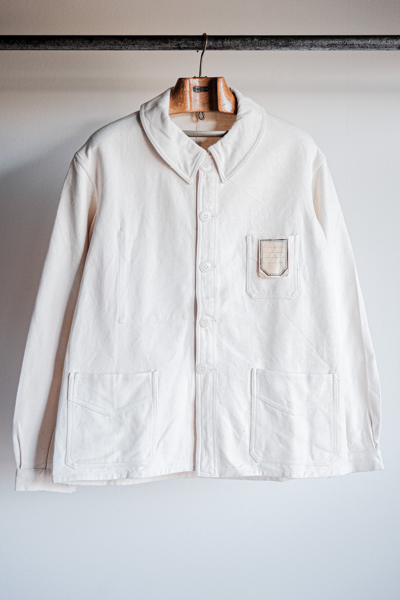 [~ 40's]Français vintage White Cotton Twill Work Jacket Taille.48 « Dead Stock »