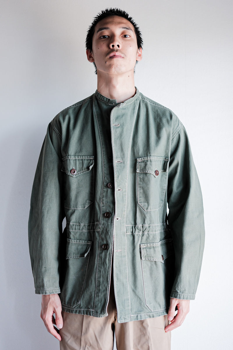 【~50's】French Vintage Green Cotton Twill 4 Pockets Work Jacket "Unusual Pattern"